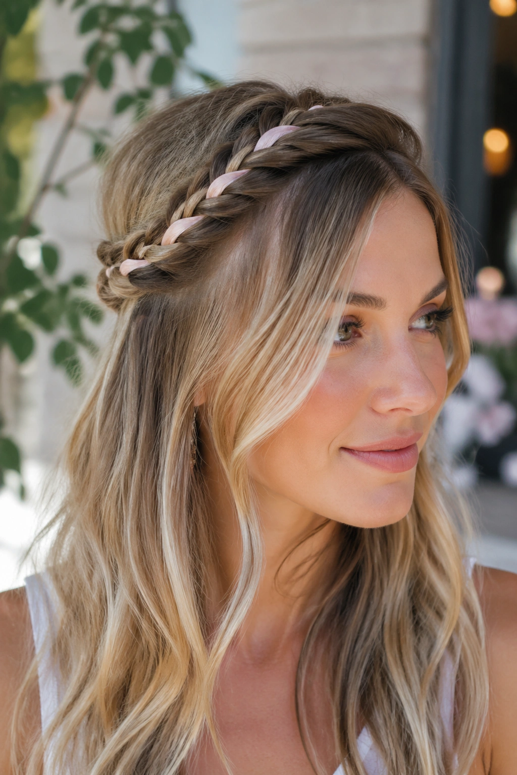 Real woman with ribbon-woven rope braid in natural light