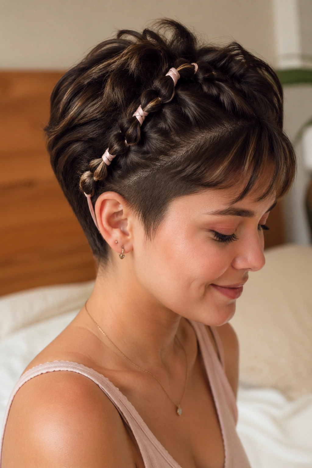 Close-up of bubble braids with ribbon wraps on a real person.