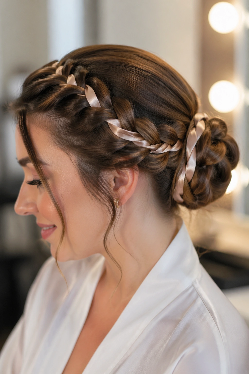 Close-up of a real woman with a ribbon-wrapped French braid bun