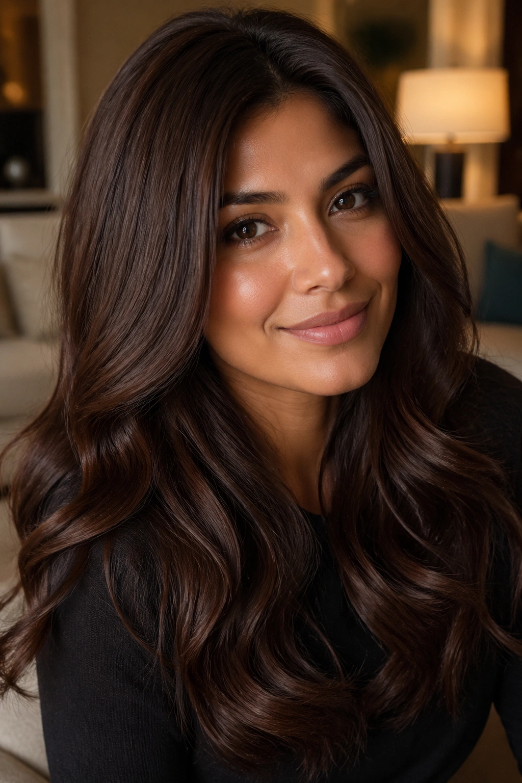 Close-up of a woman with rich chocolate brown hair all over, glossy finish