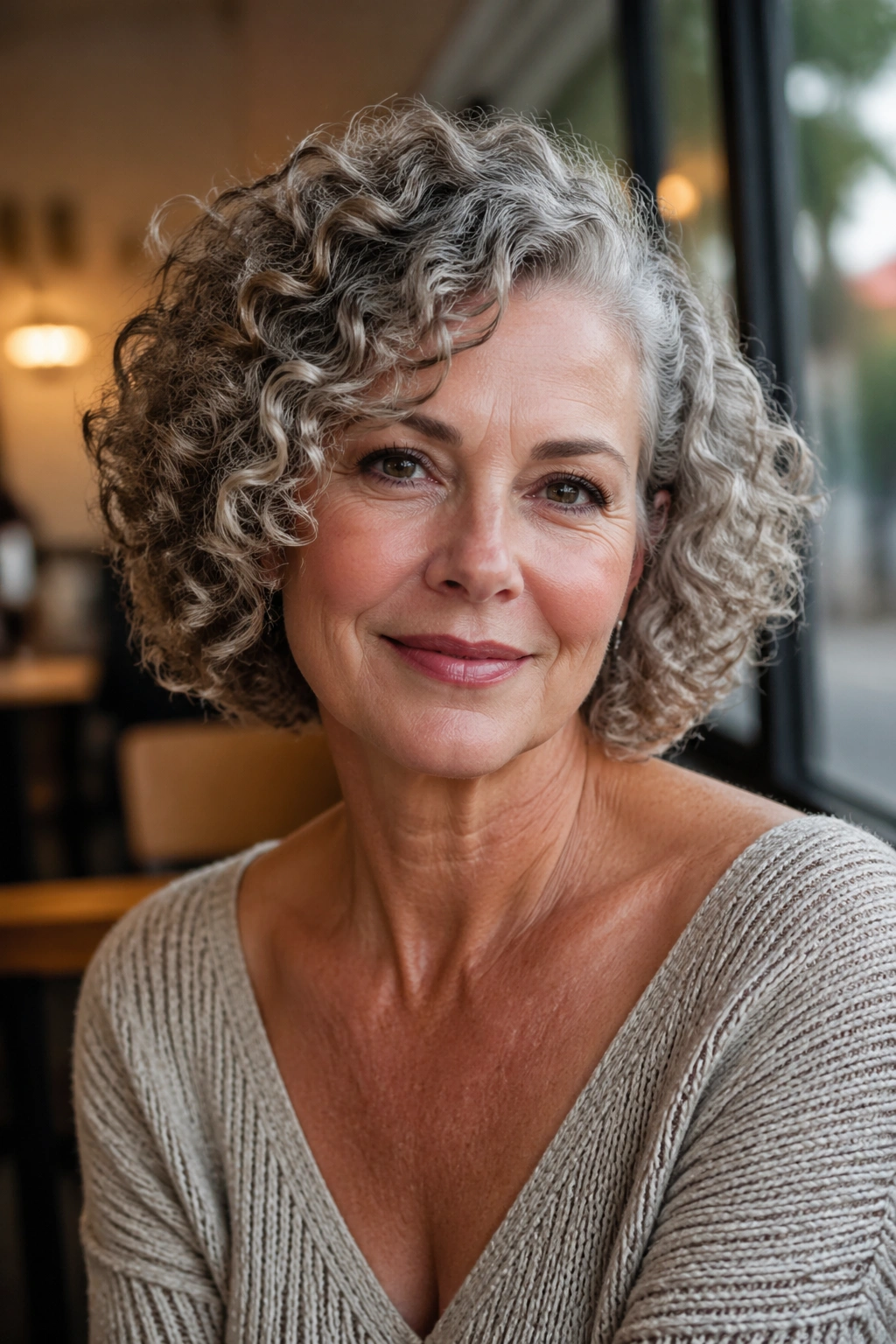 Close-up portrait of a real woman with ringlet bob and deep side part