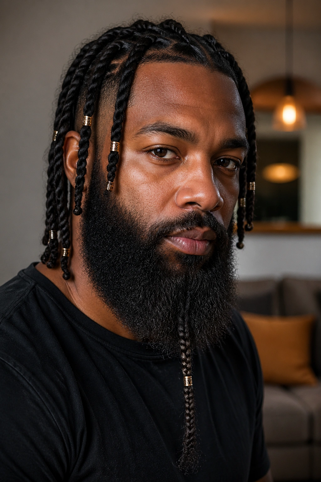 Close-up of a man with rings on twist braids and a single beard braid