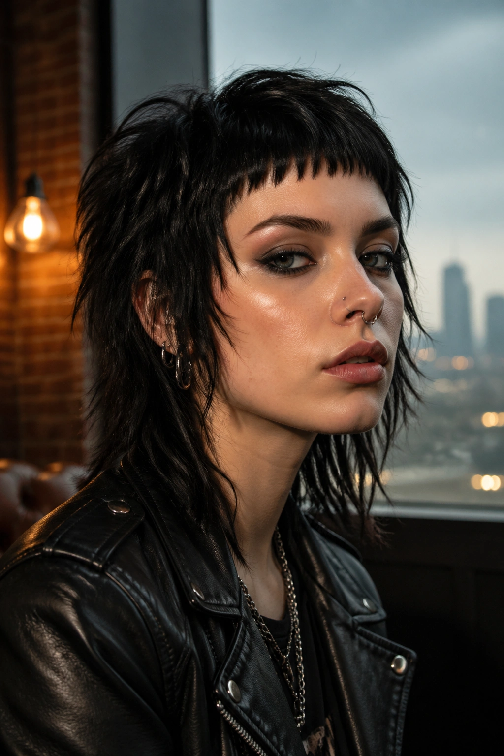 Close-up portrait of rocker shag with micro bangs on a real person