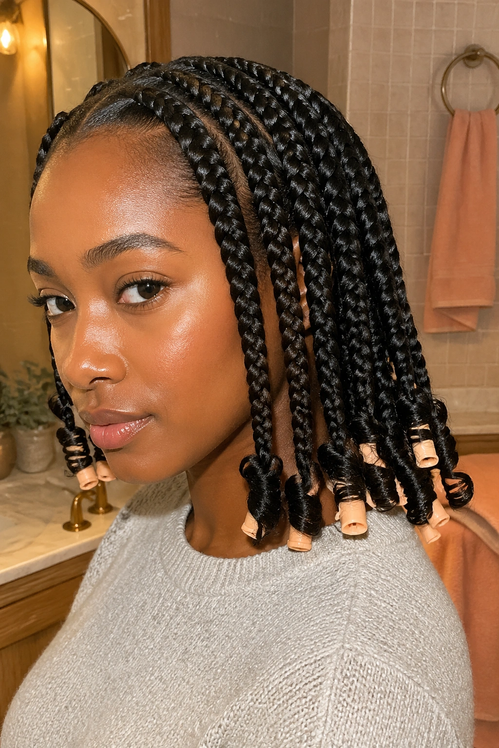Real woman with rod-set ends braid-out, ends wrapped around small perm rods.