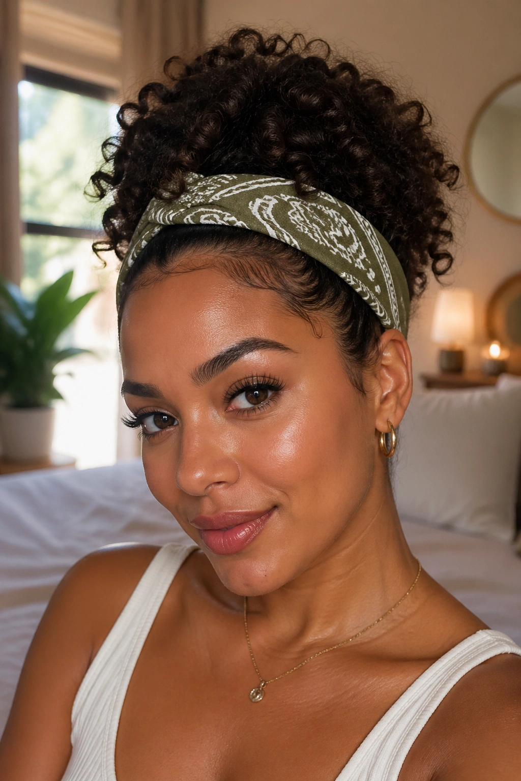Close-up of a real woman wearing Rolled Bandana Style with curls tucked under a cotton bandana