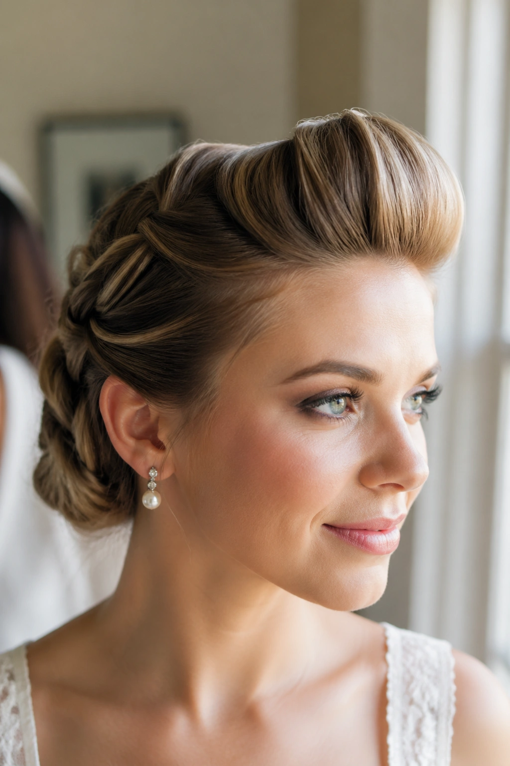 Bride with rolled bangs and braided back hairstyle.