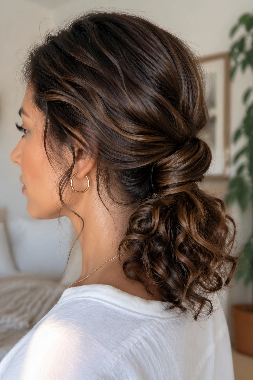 Close-up portrait of a real woman with a rolled low ponytail at the nape, soft natural light highlighting the hairstyle