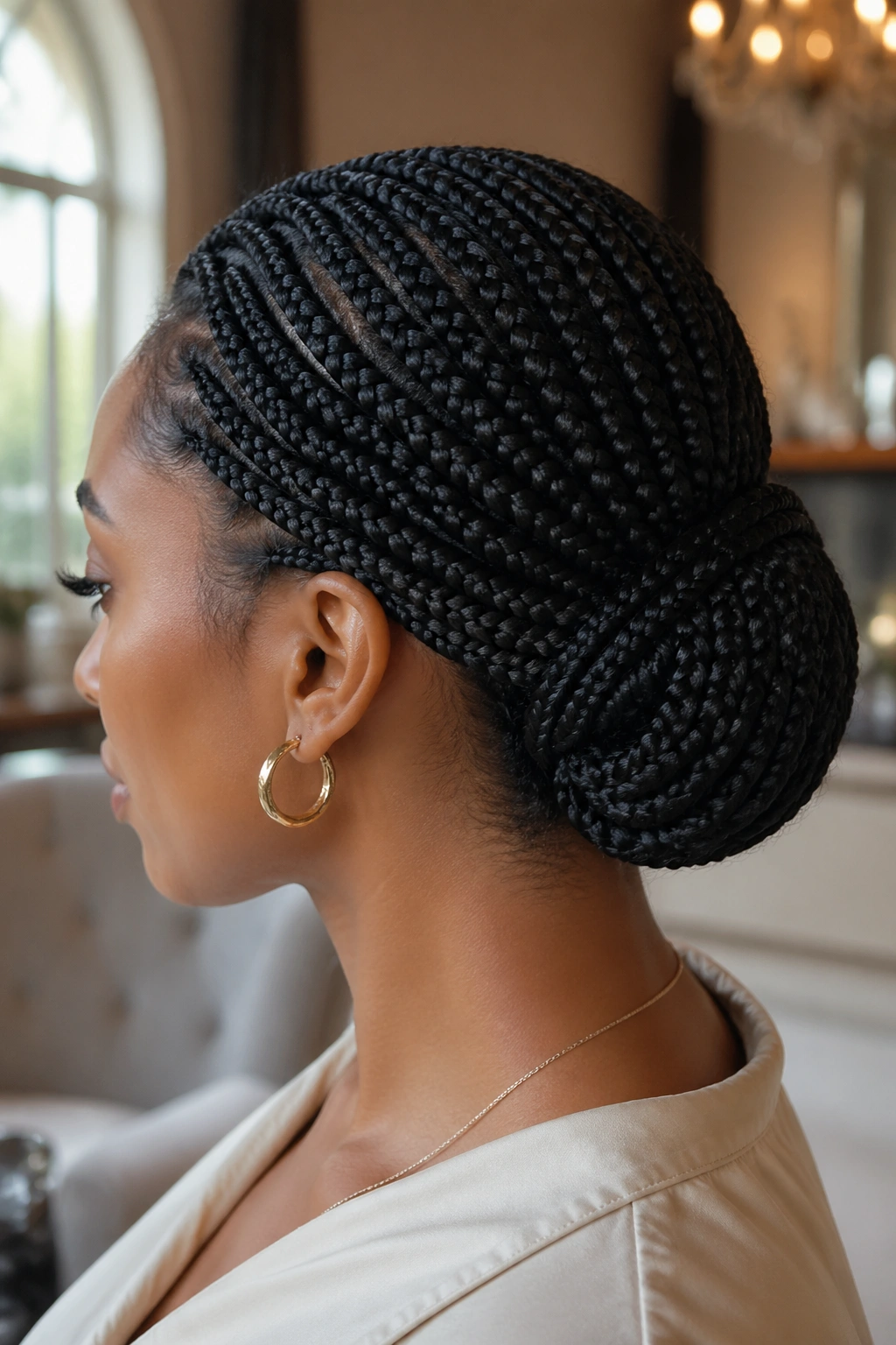 Close-up of a real person with a rolled tuck chignon at the back