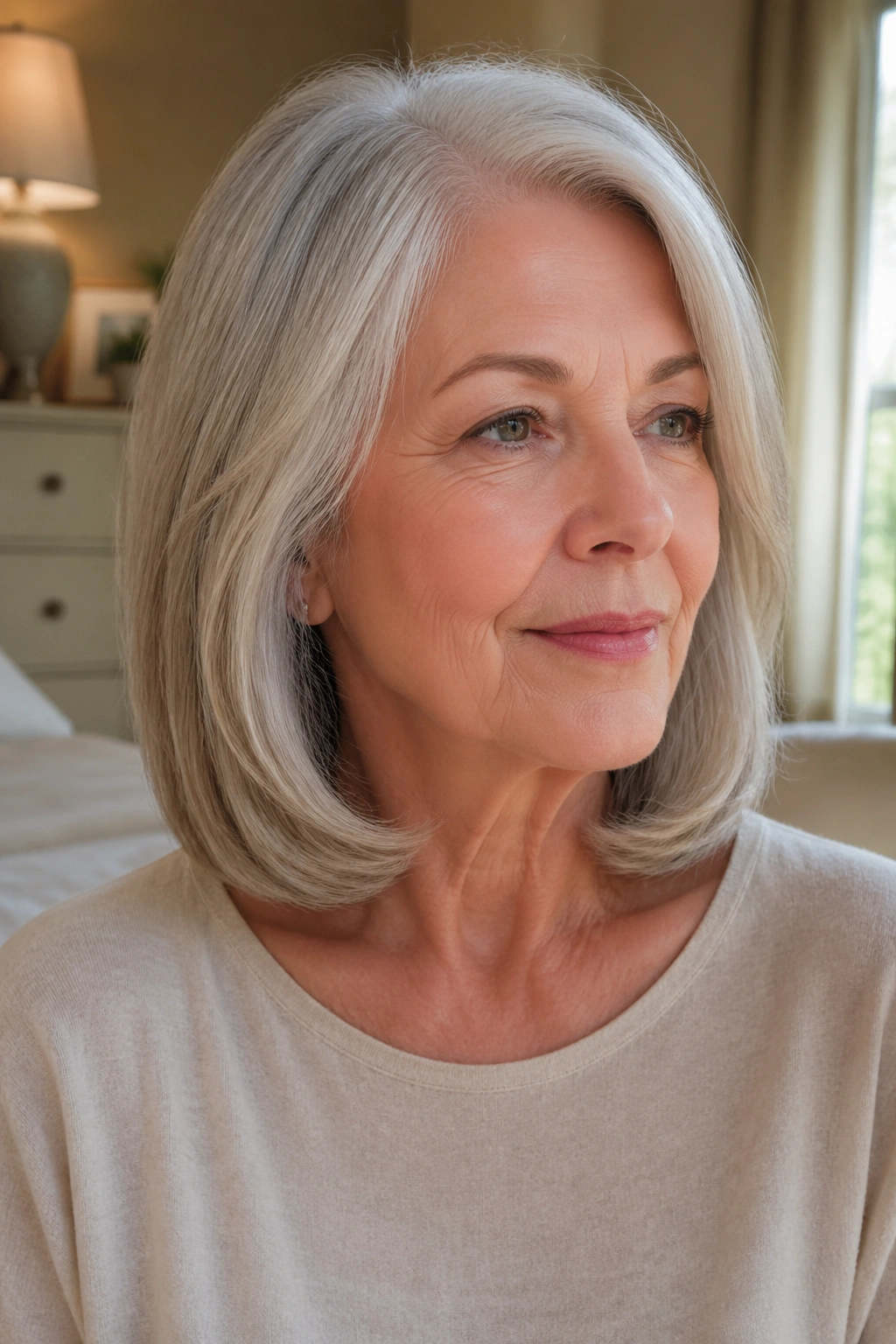 Close-up head-and-shoulders portrait of an older woman with rolled-under collarbone cut in a sunlit room.
