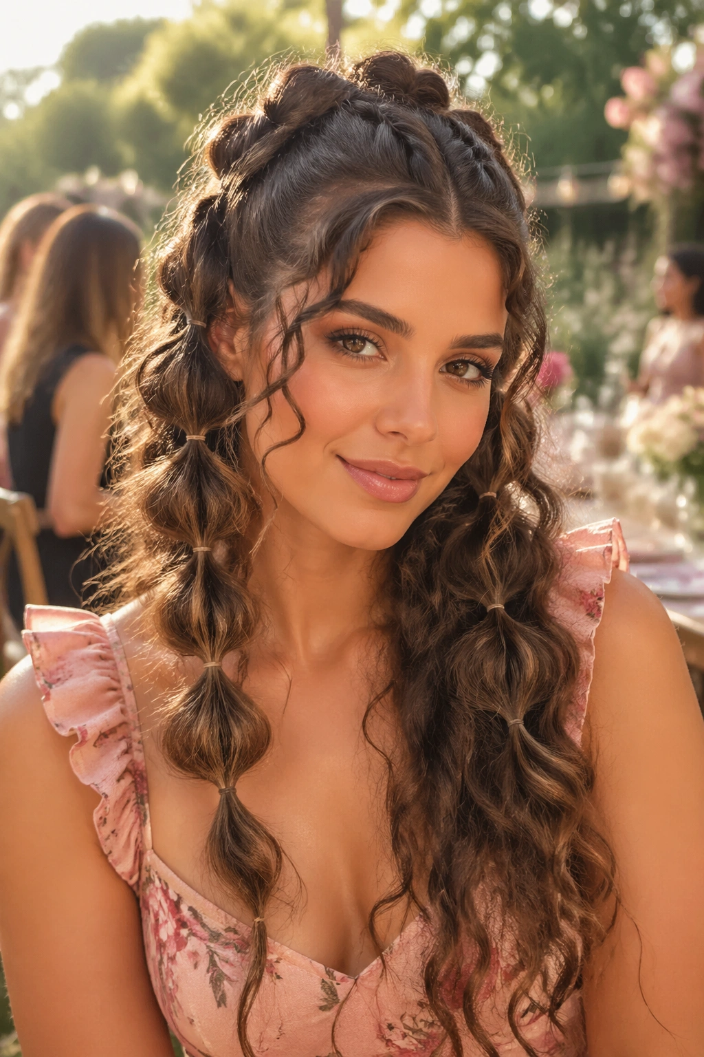 Close-up of a real woman with romantic soft-section bubble braids in soft daylight