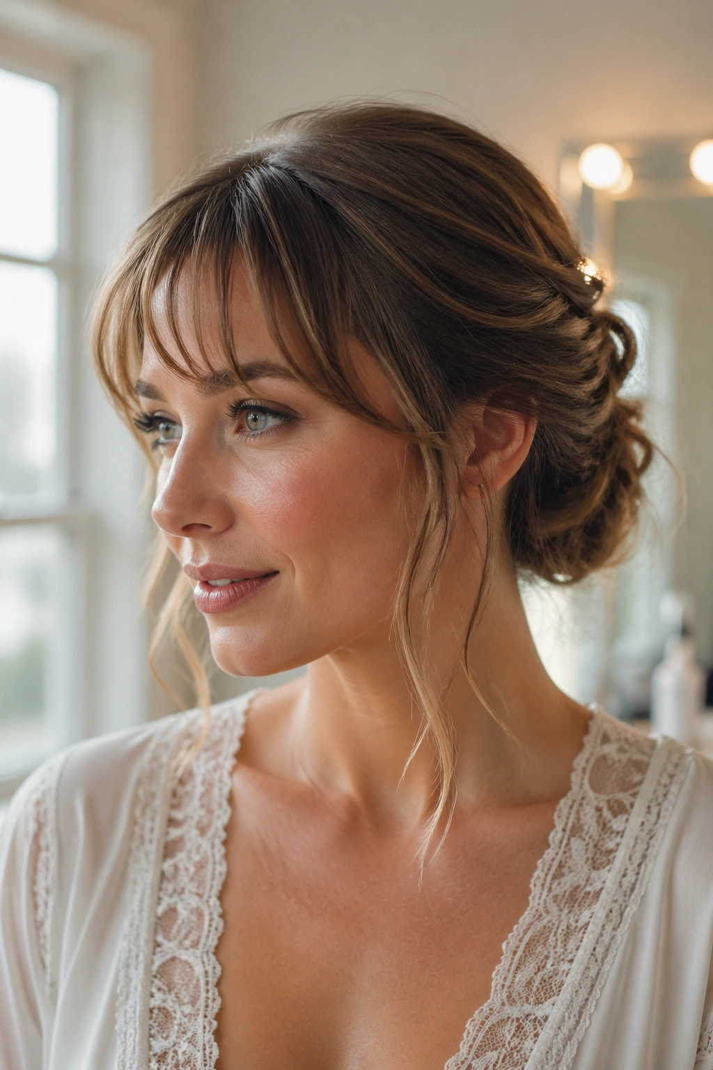 Portrait of a real woman with a romantic updo and soft wispy bangs in natural window light.