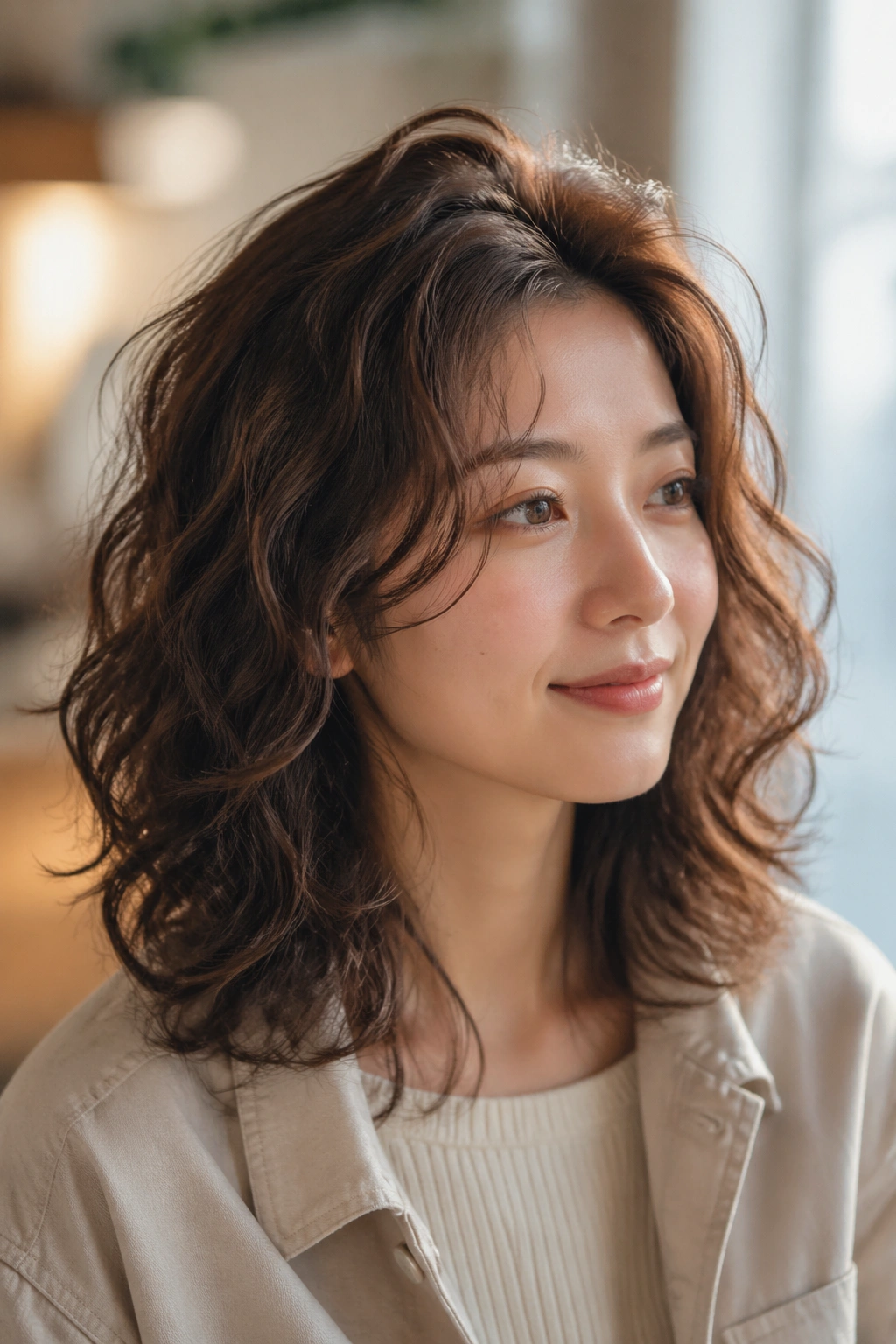 Close-up of a real woman with root lift perm at the crown and gentle mid-length bend.
