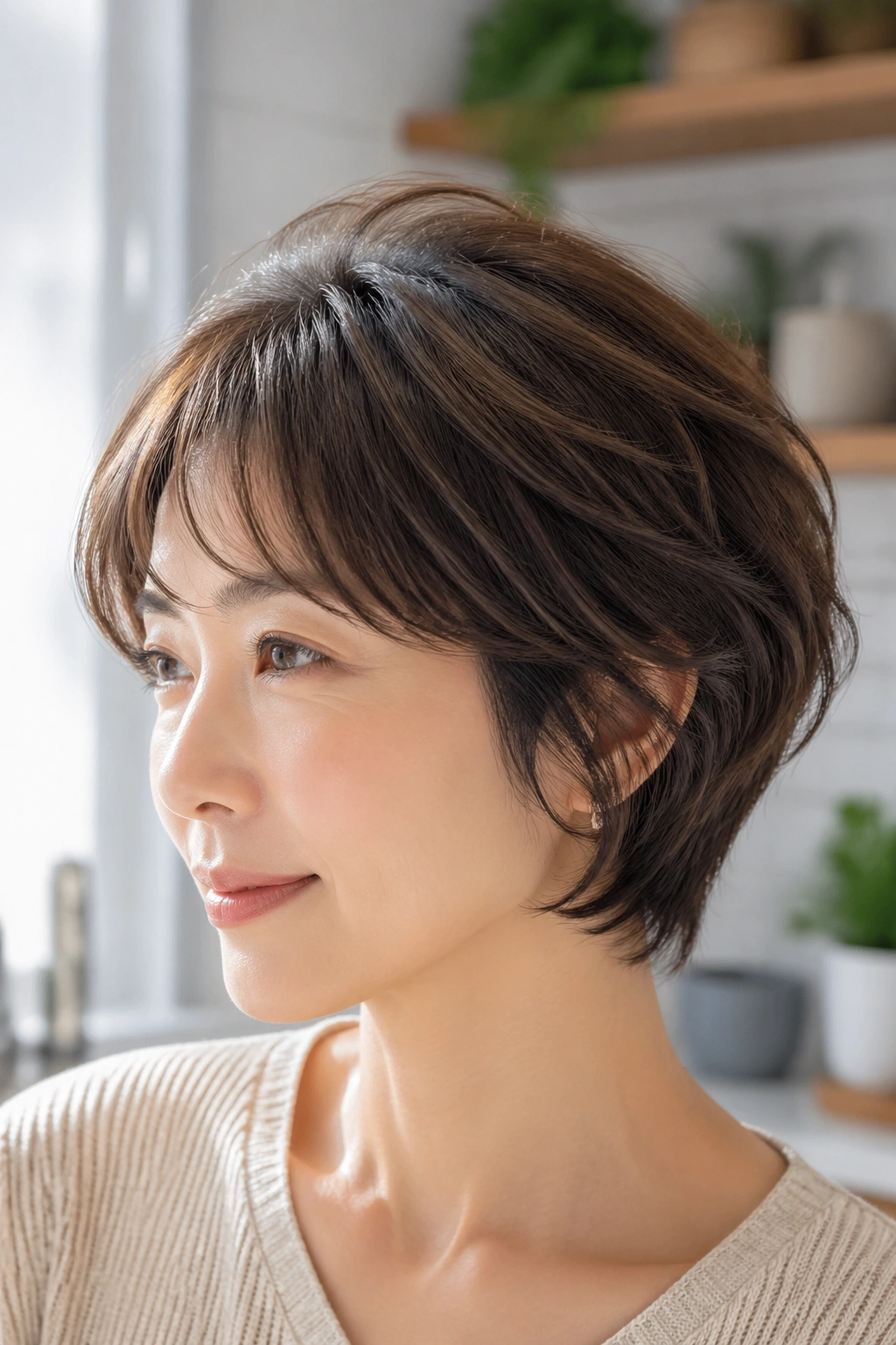 Close-up of a real woman with a short hairdo showing crown lift