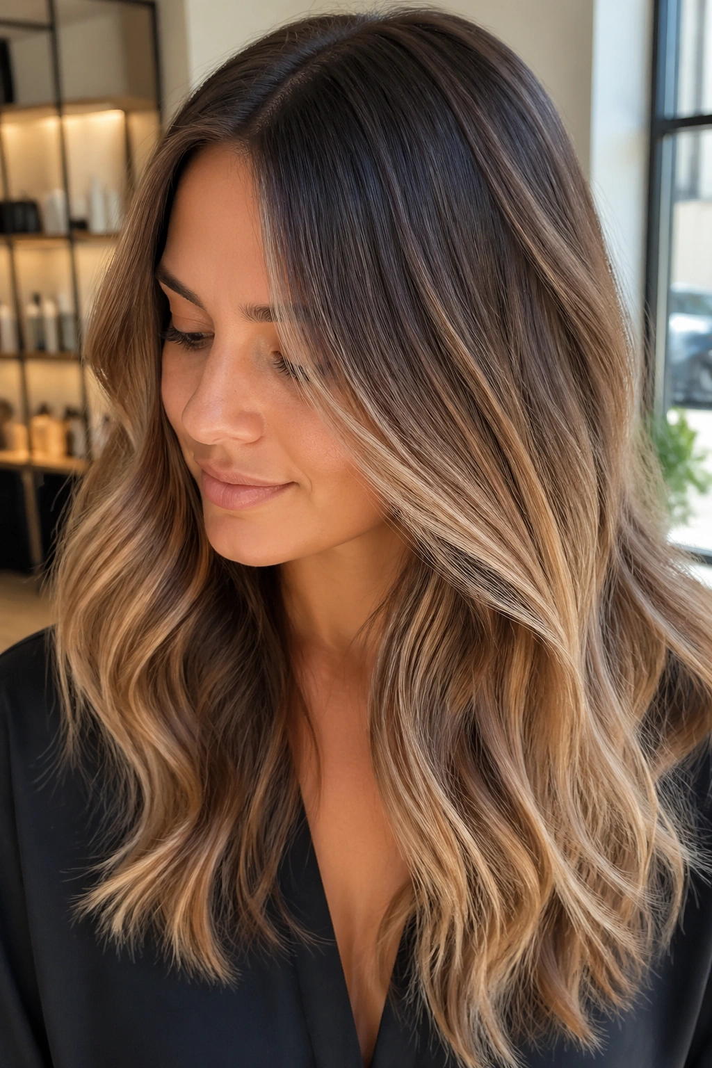 Close-up of root-shadowed balayage showing soft grow-out on real hair