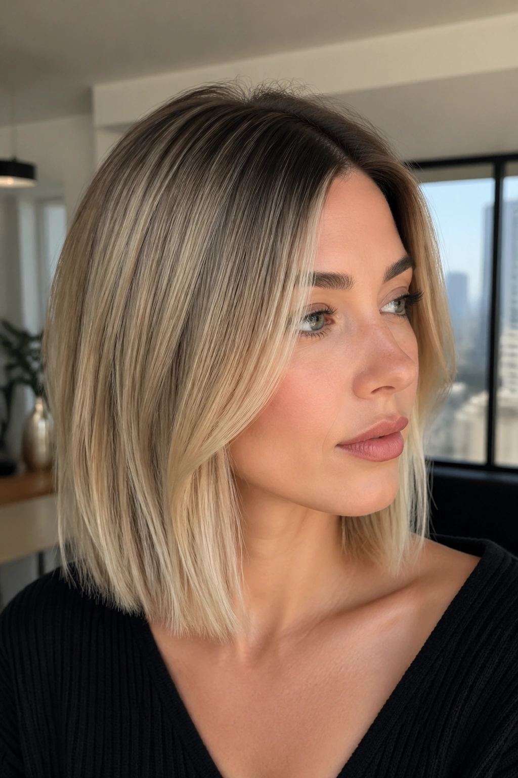 Close-up portrait of a real woman with rooted ash blonde lob in natural daylight