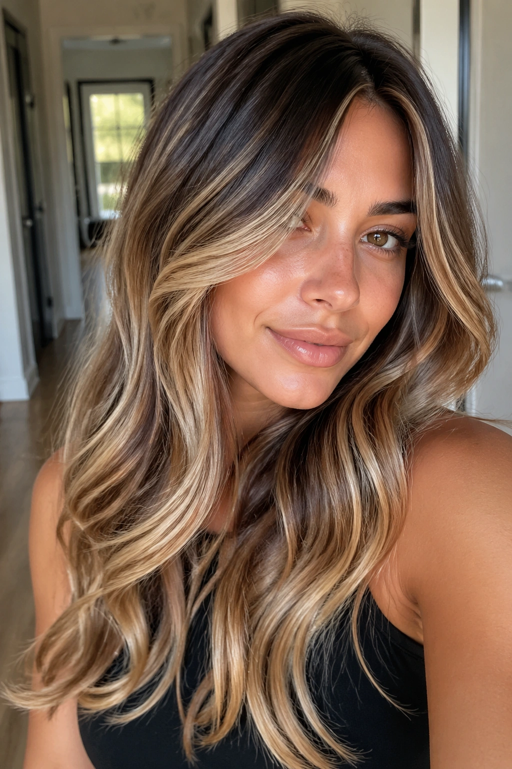 Close-up of a real person with rooted balayage calico hair showing dark roots and front ribbons.