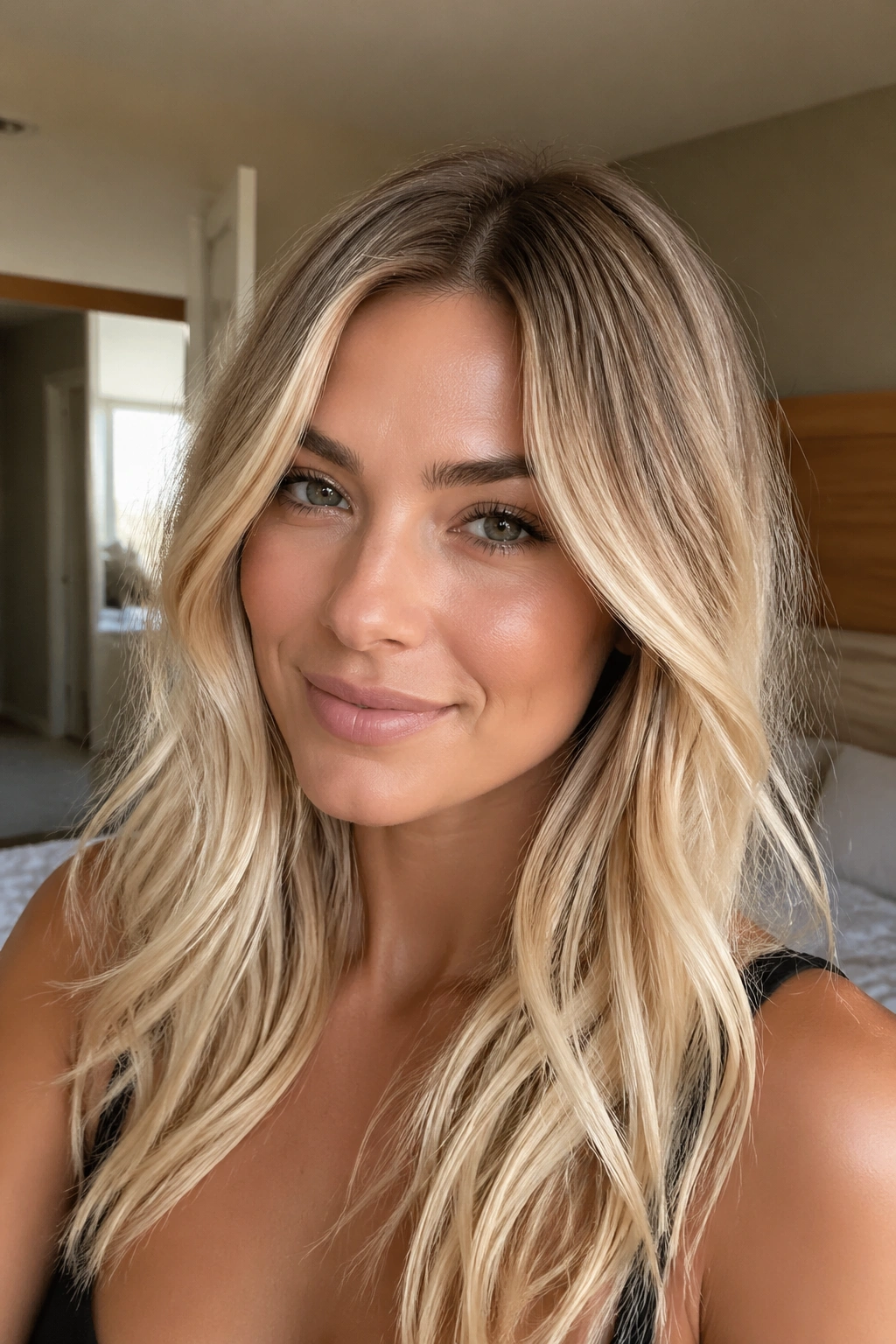 Close-up portrait of a real woman with rooted beige blonde hair and soft root shadow in warm light