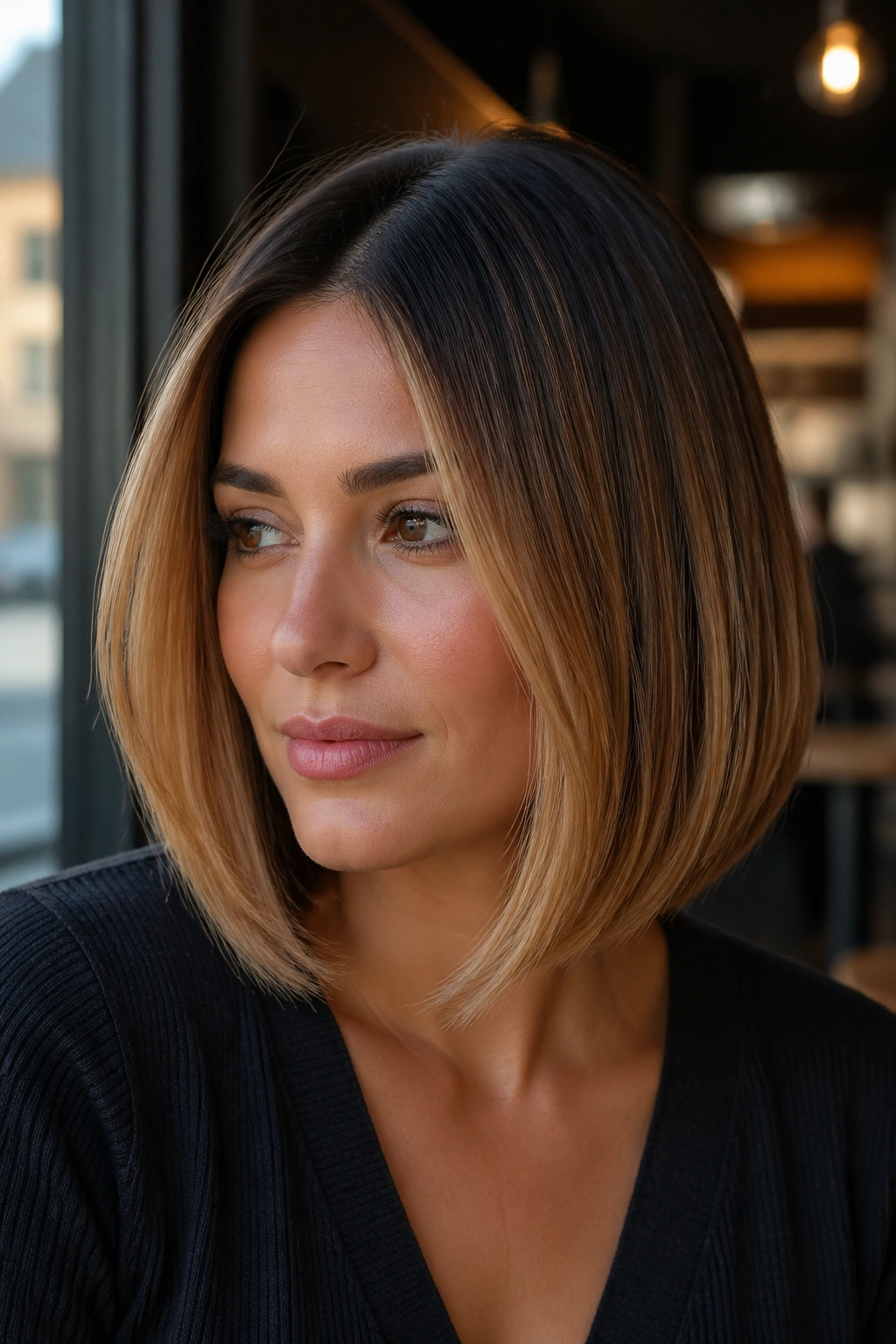 Real person with rooted caramel bob showing darker roots and caramel ends