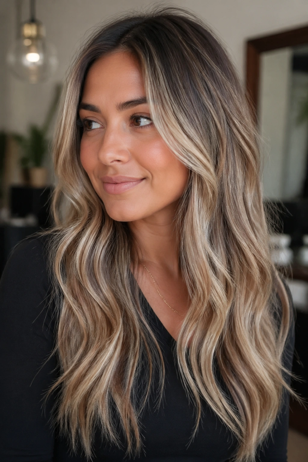Close-up portrait of a real woman with long hair showing rooted dark roots and pearl lights through mid-lengths and ends