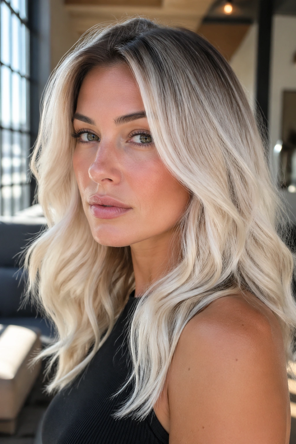 Close-up of a real woman with rooted platinum blonde and darker roots