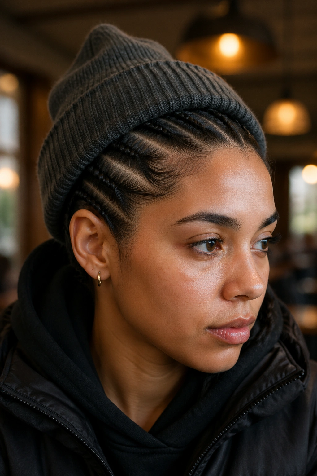 Portrait of a real person with a rope braid under a beanie in a cozy setting.