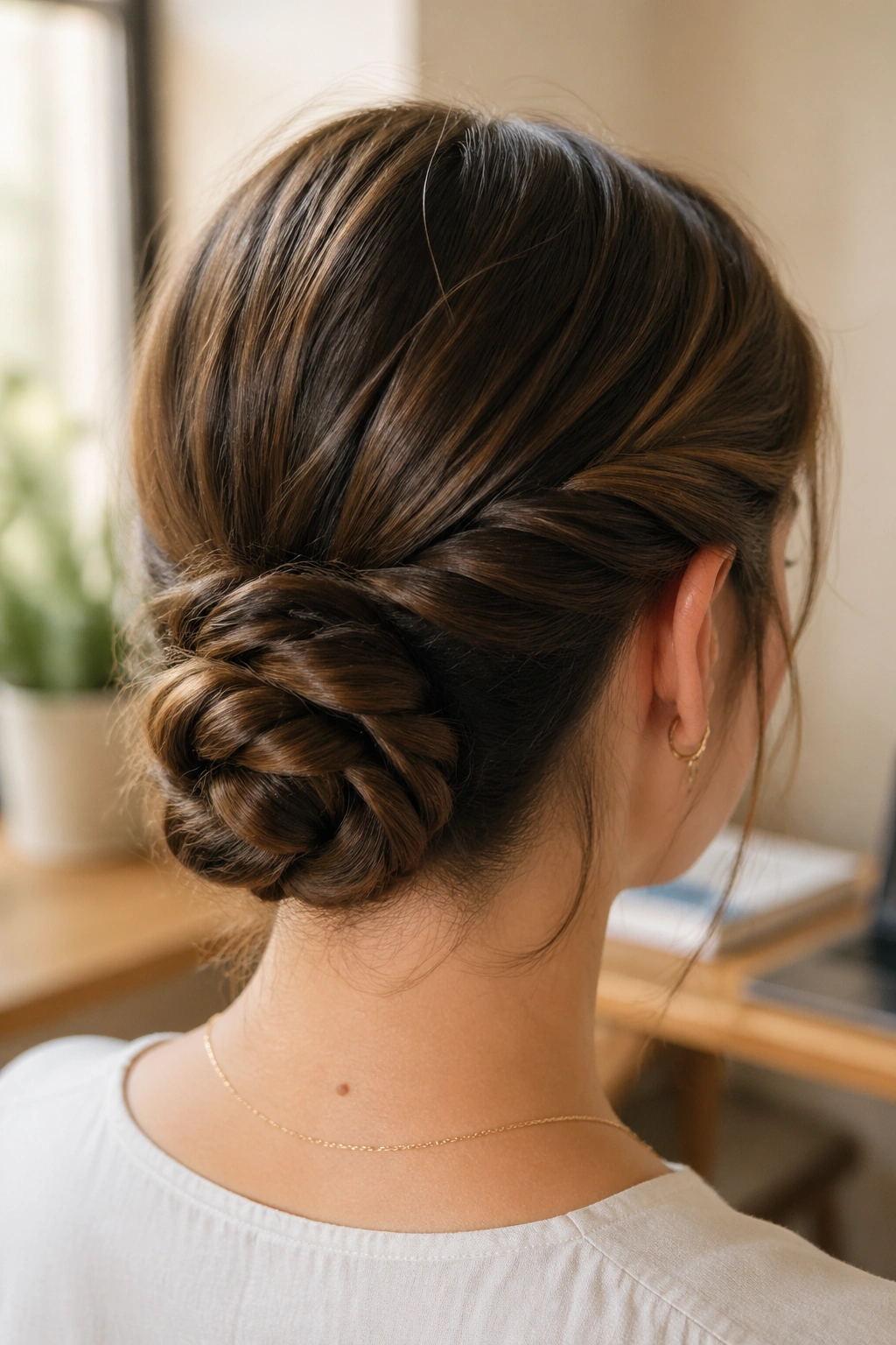 Close-up of a real woman with a rope braid bun at the nape, pinned and neat