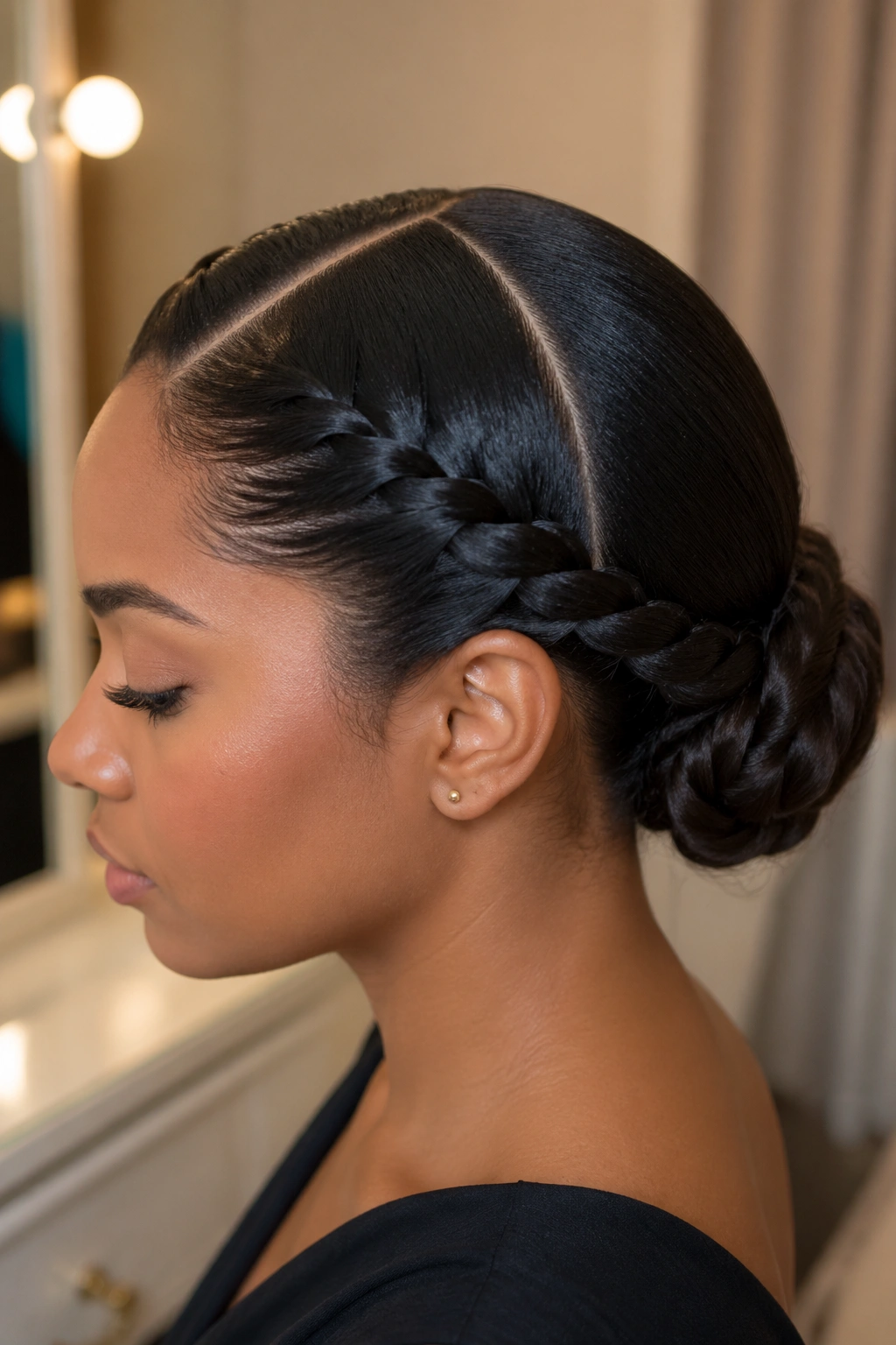 Close-up of a real woman with a rope braid bun and center part.