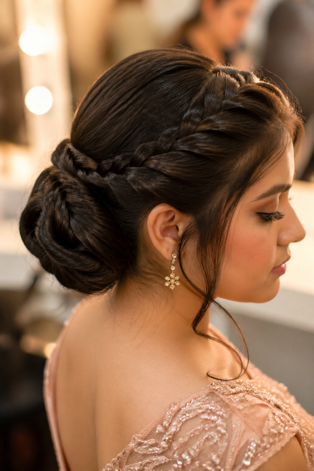 Close-up of Rope Braid Bun on real woman in chic salon