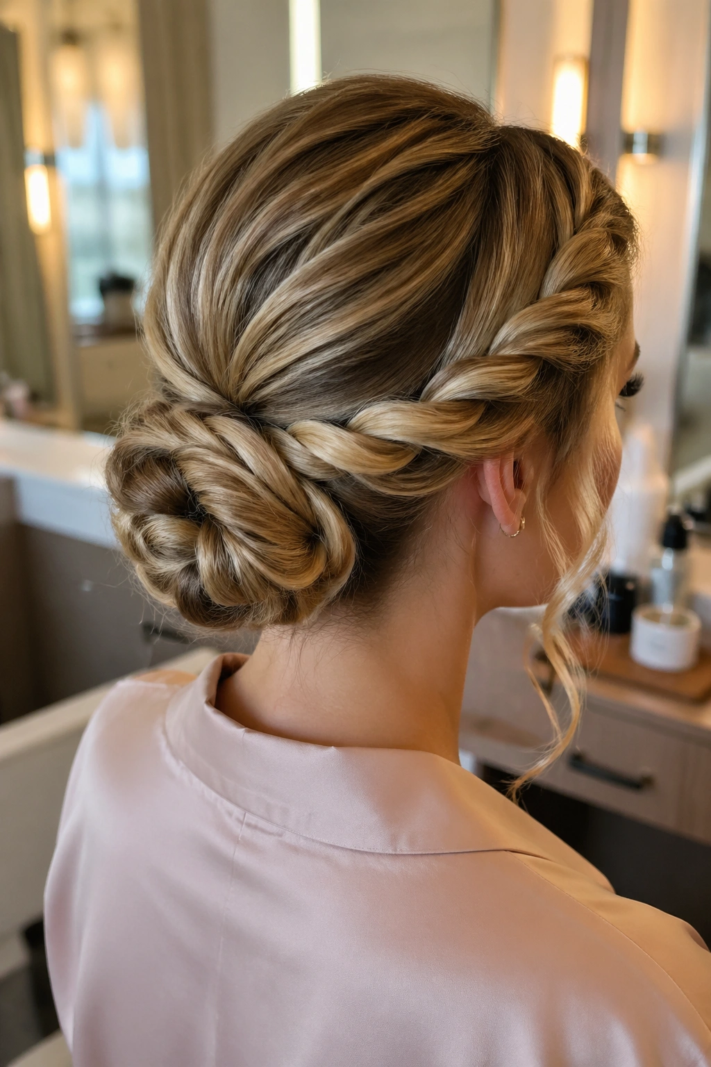 Close-up of rope braid forming a bun on a real woman in a salon