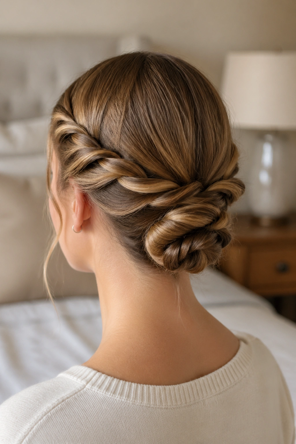 Back-of-head portrait of woman with rope-braid bun at the nape.