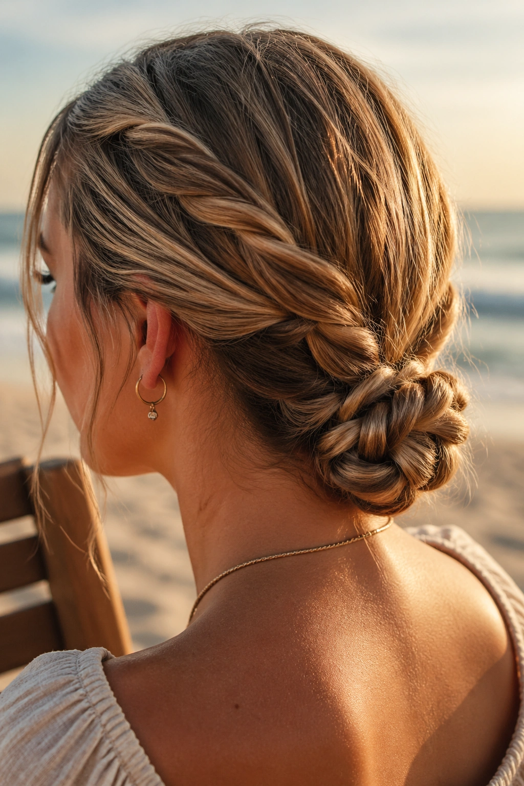 Close-up of rope braid bun at the nape on a real person at the beach