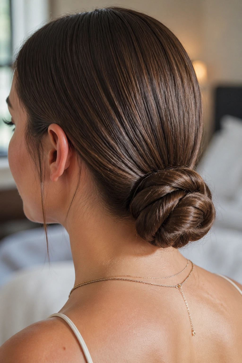 Close-up of real woman with a low rope braid bun at the nape in natural light
