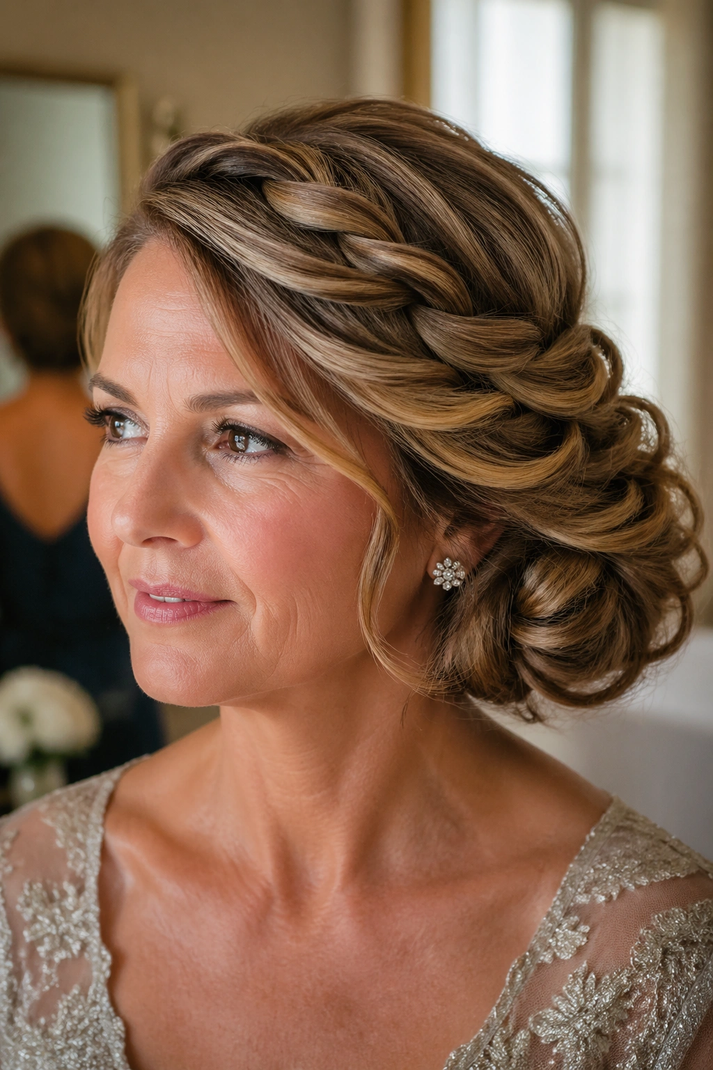 Close-up of a real woman with a side-swept rope braid bun.