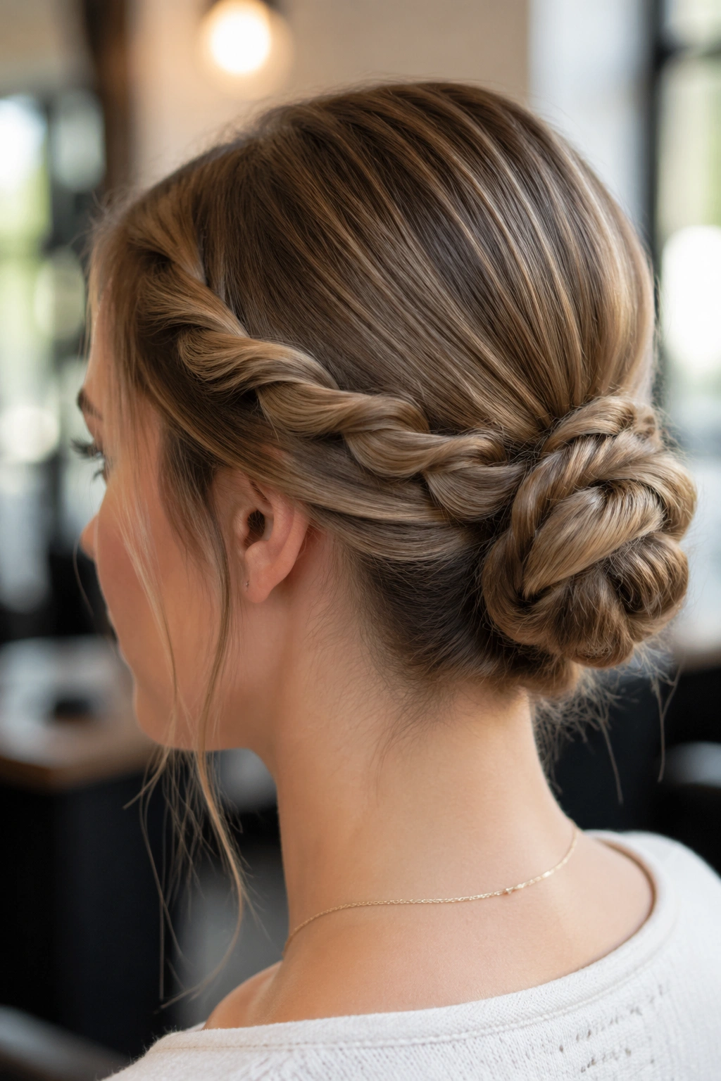 Close-up of a real person with a rope-braid bun, rope twist texture visible