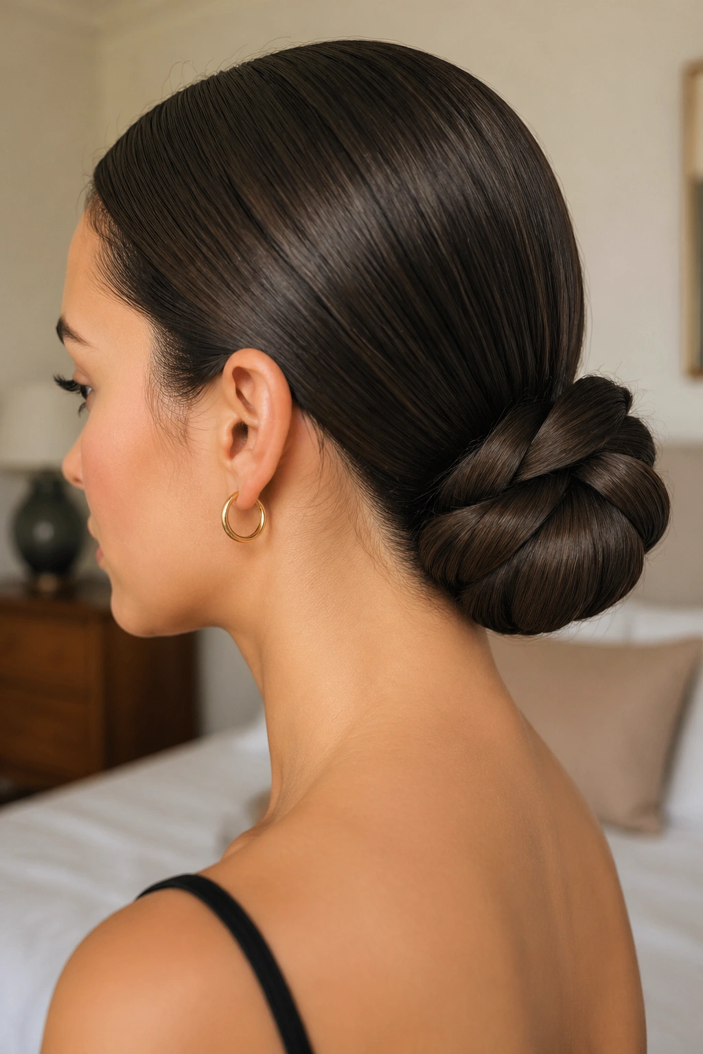 Close-up portrait of a real woman with a rope-braid wrapped finish bun at the nape, elastic concealed