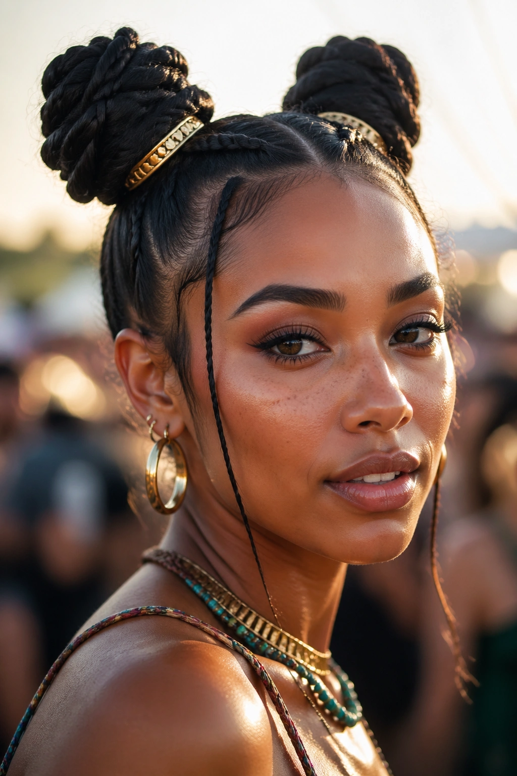 Close-up of rope braid buns with gold cuffs on a real person at a festival