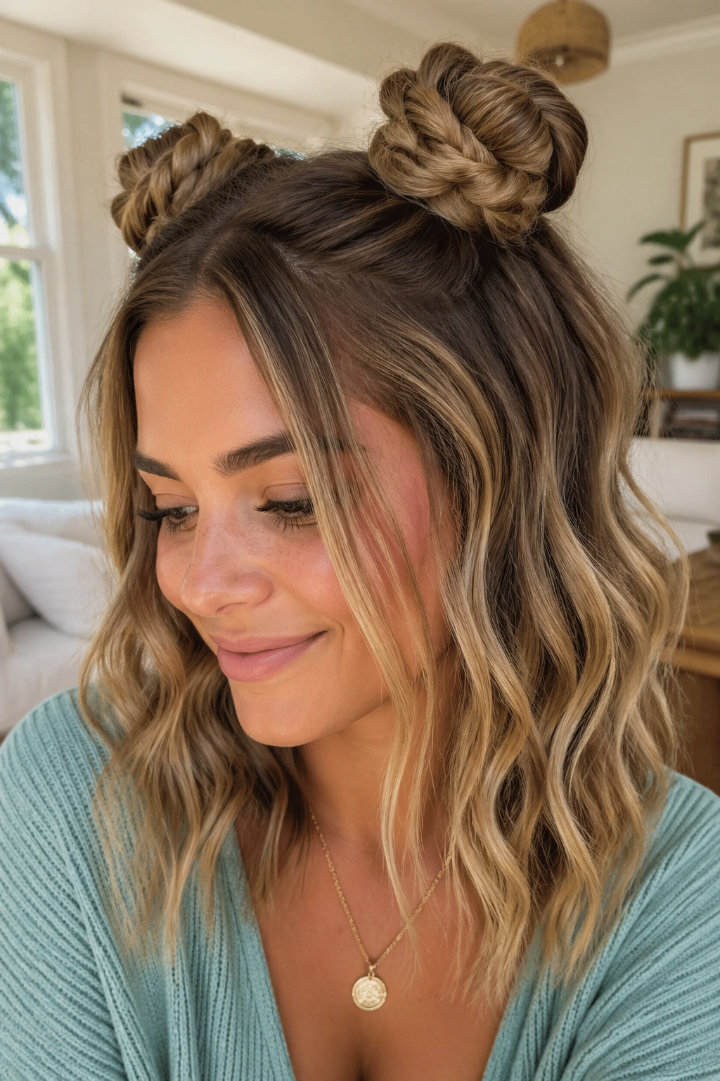 Real woman with rope braid buns creating bigger mid-length waves
