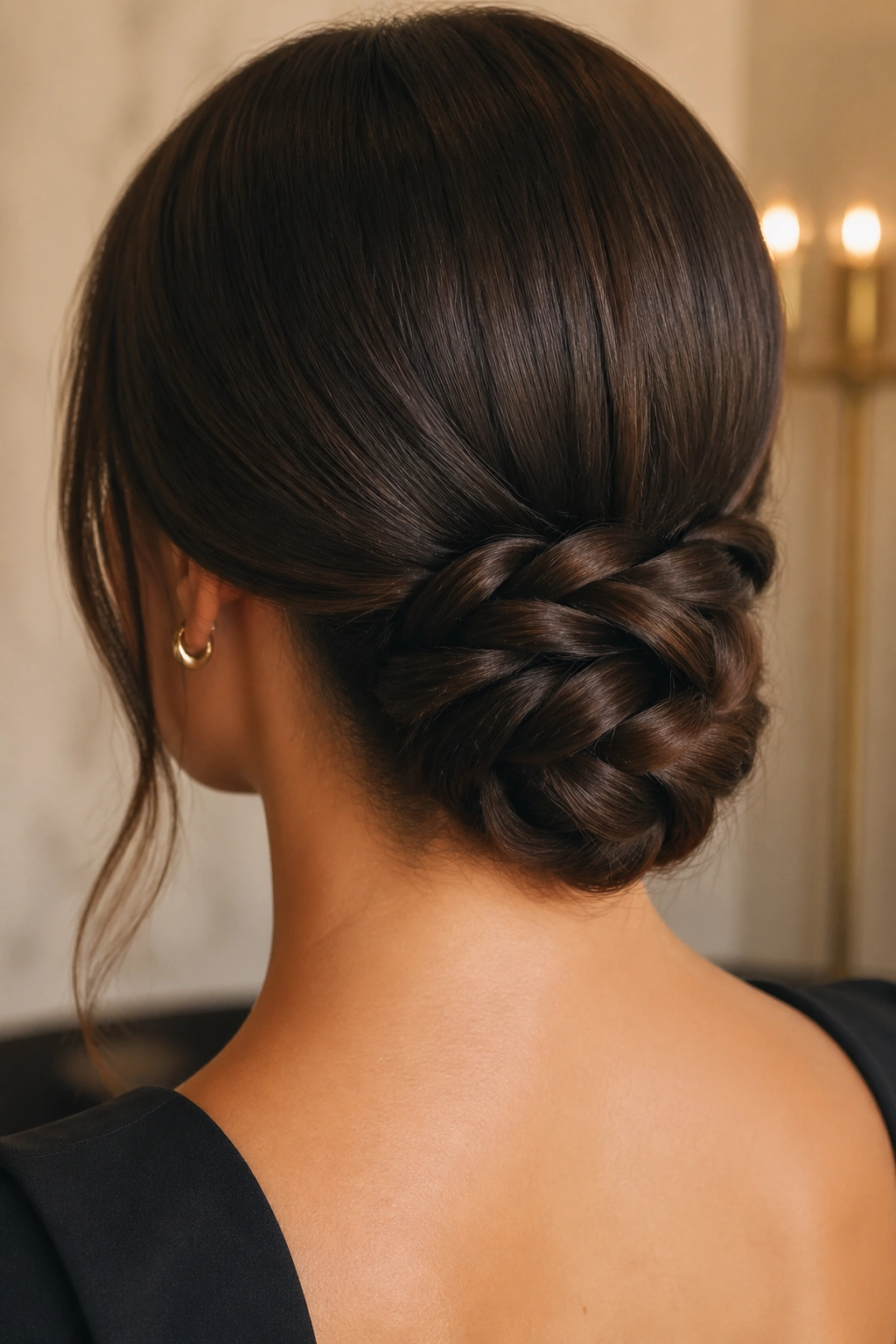 Rear close-up of a real person wearing a rope braid chignon at the nape.