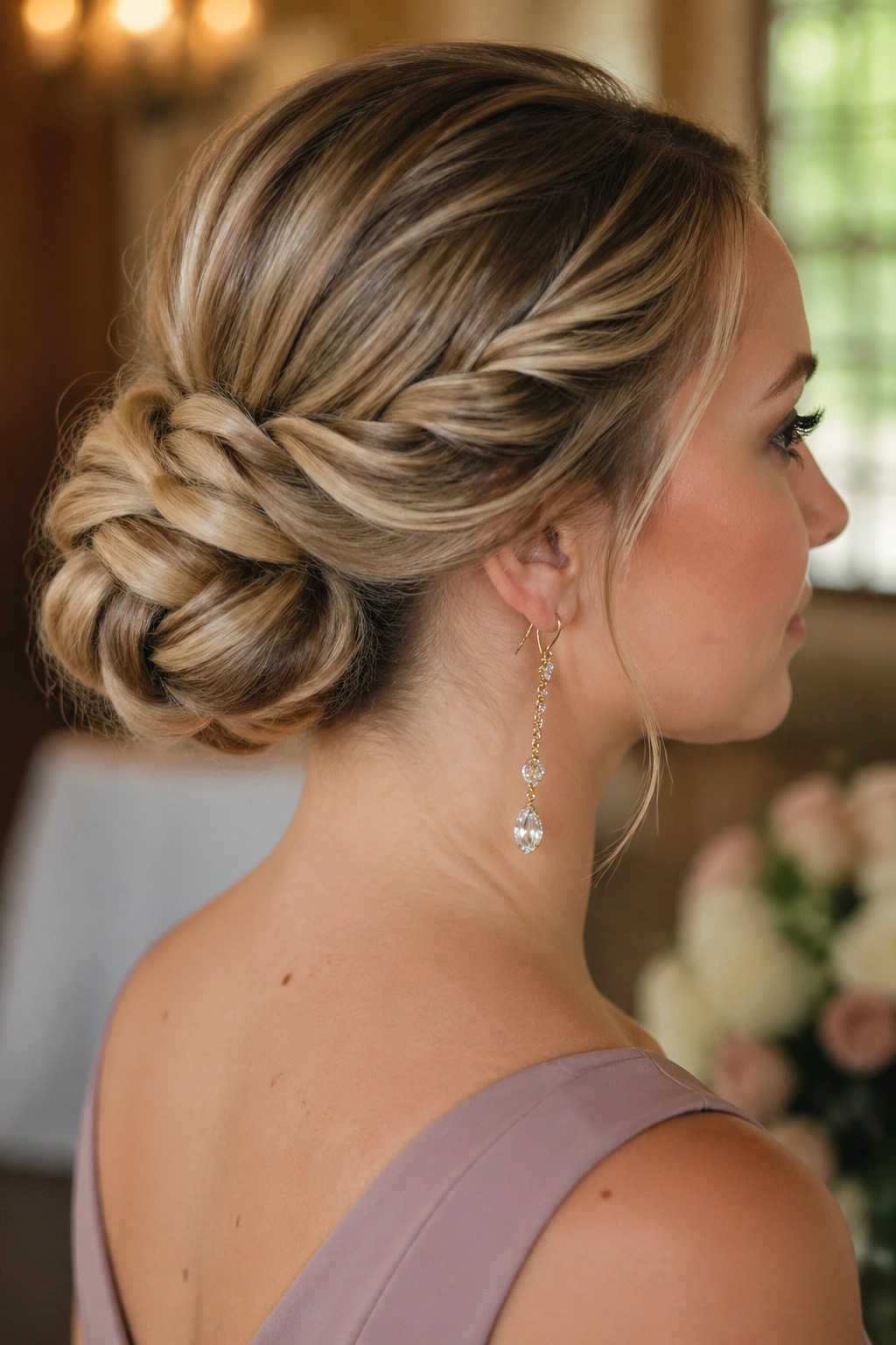 Close-up of a real woman with a rope braid chignon at the nape