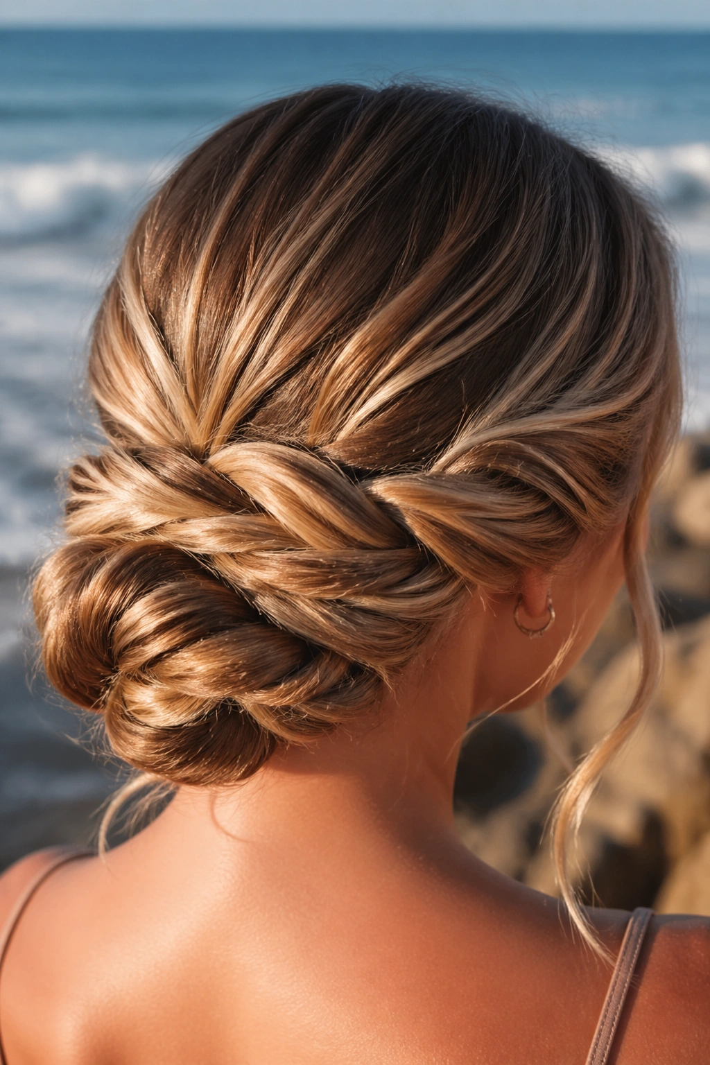 Close-up of a real woman with a rope braid chignon and hidden pins at the back, beach setting
