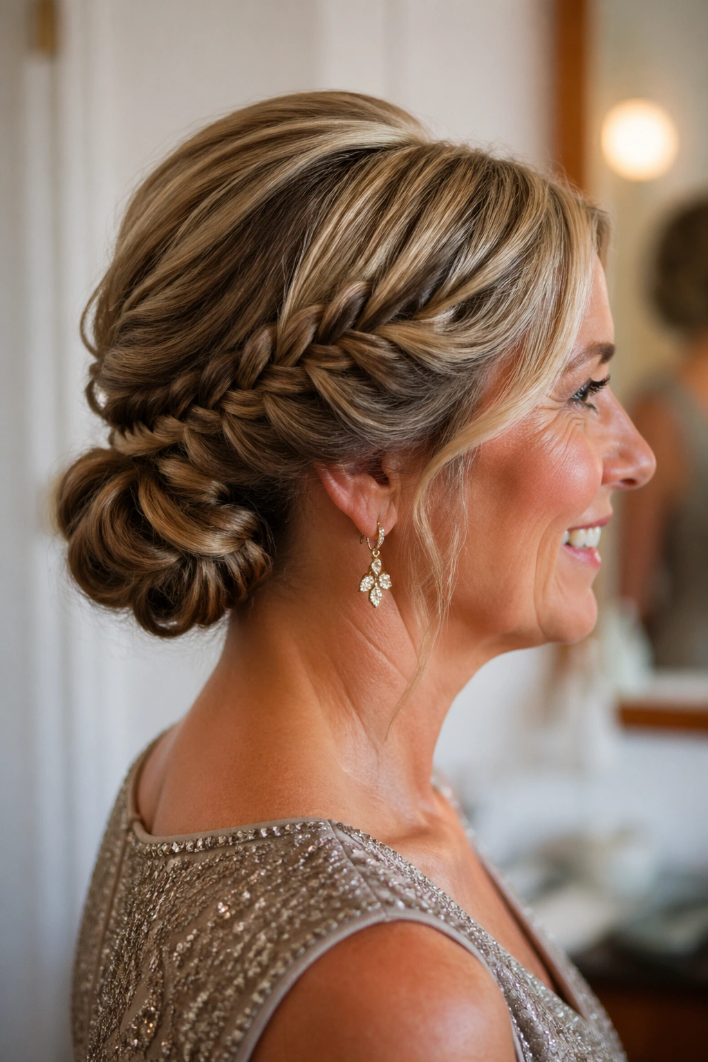 Close-up of a real woman wearing a low rope braid chignon at the nape.