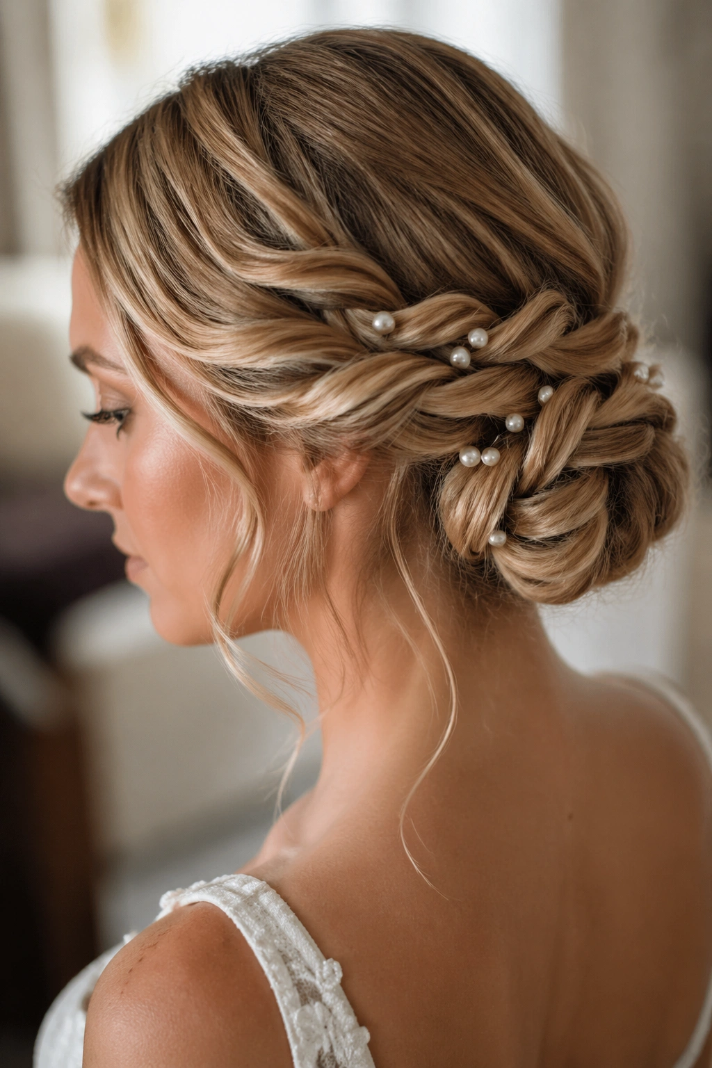 Close-up of a real bride's head with a twisted rope braid chignon and pearl pins