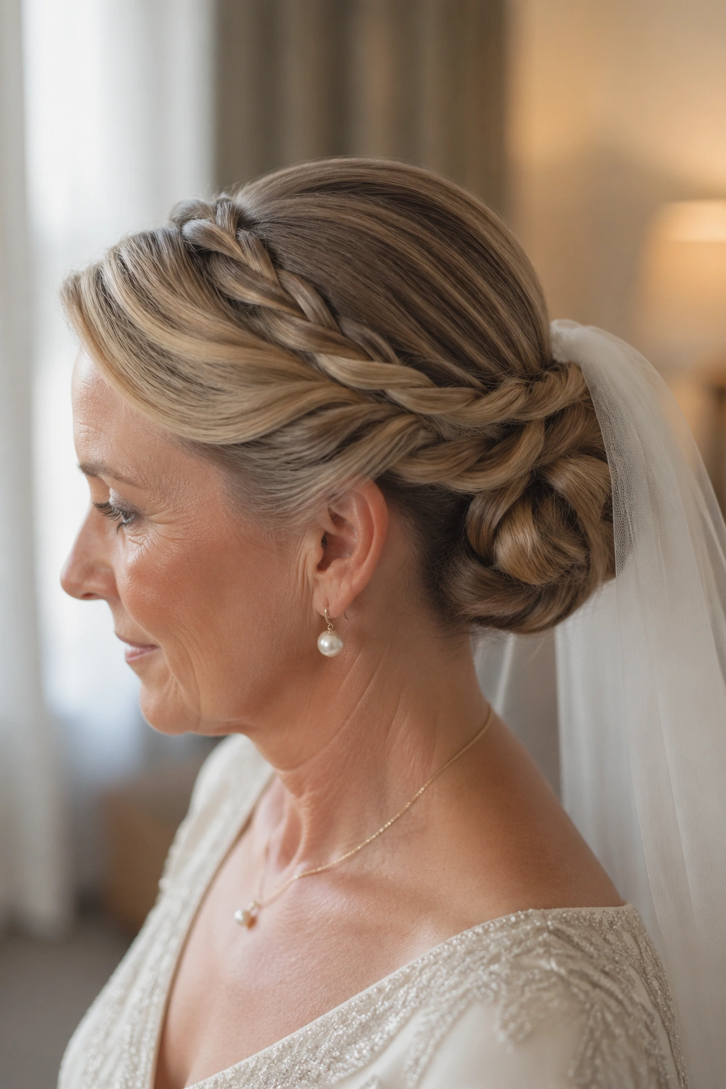 Real woman wearing sleek rope braid chignon with veil
