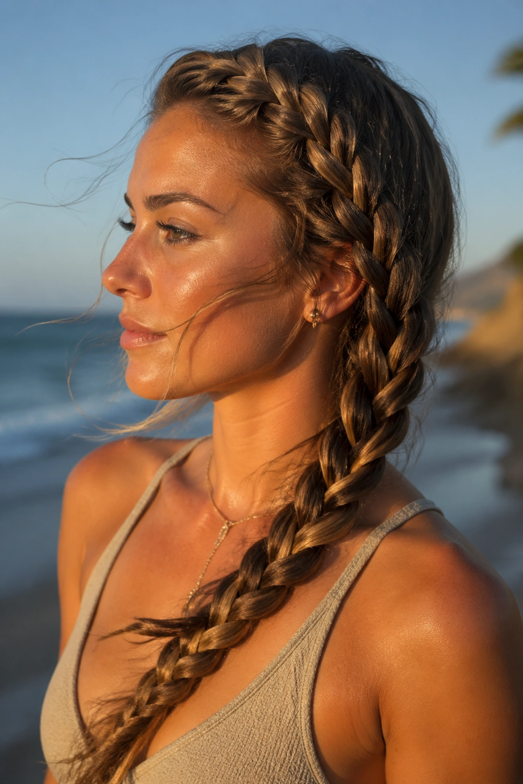 Close-up of diagonal rope braid over one shoulder on a real woman at the beach