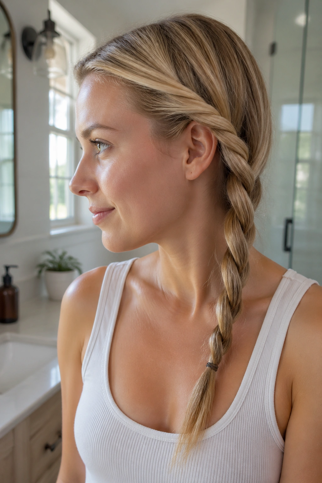 Close-up of a real woman with a rope braid on fine hair under natural light.