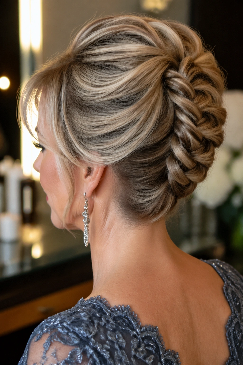 Close-up of a real woman with rope braid French twist and crown lift.