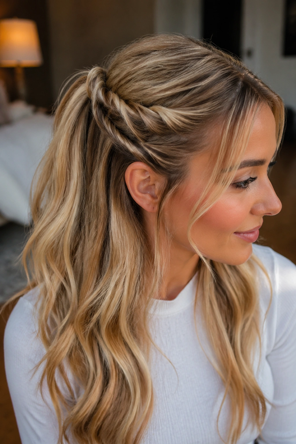 Close-up of a real woman with a rope braid forming a half-up pony