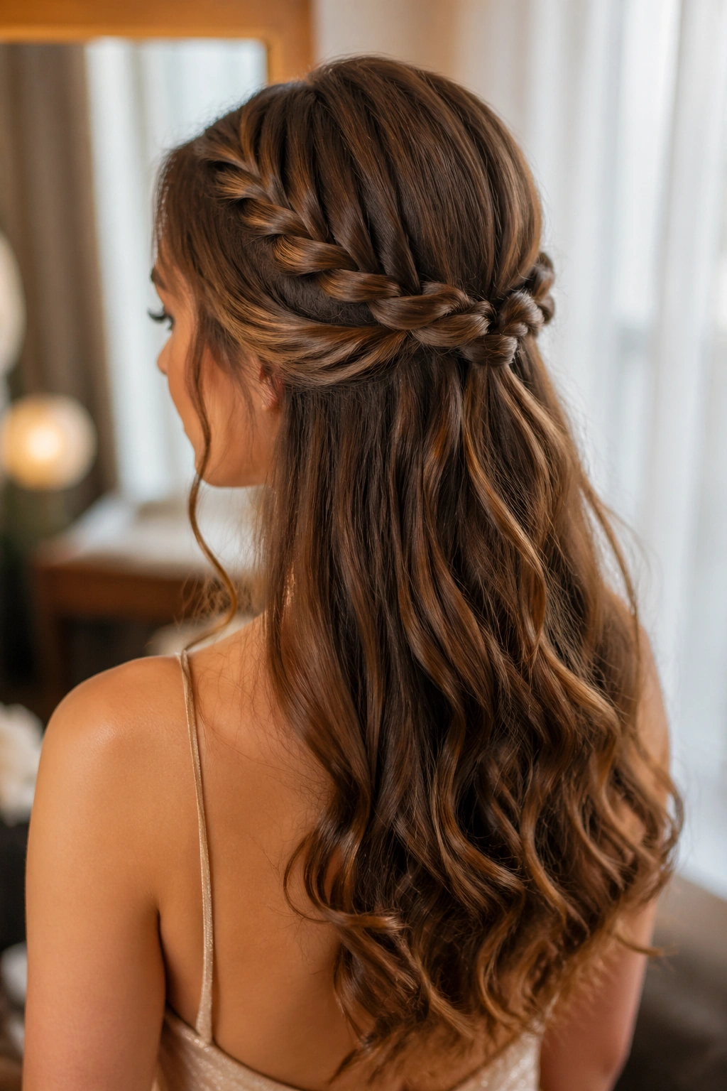 Close-up portrait of a real woman with rope braid half-up, twists pinned at back