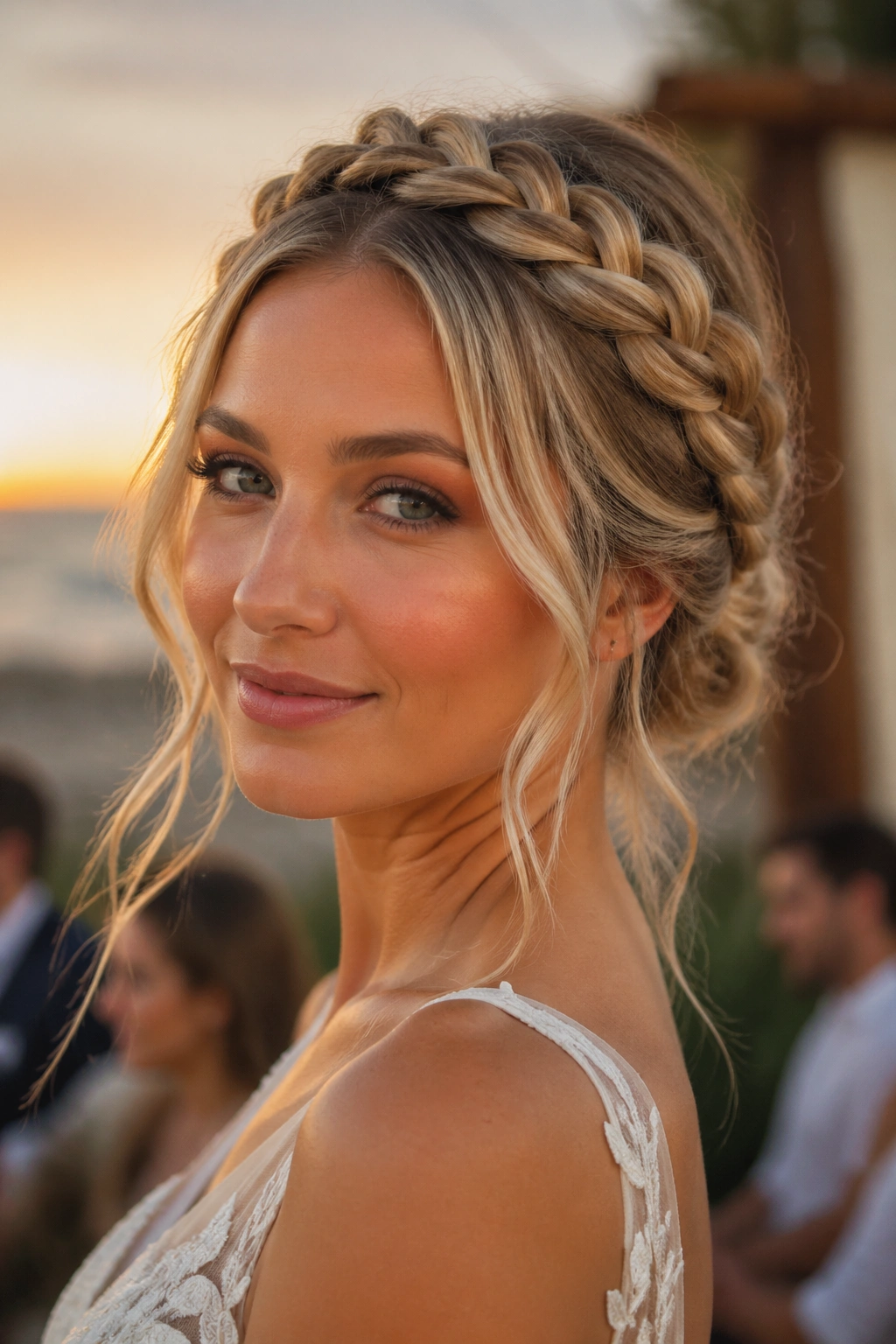 Portrait of a bride with a rope braid halo and loose face-framing pieces
