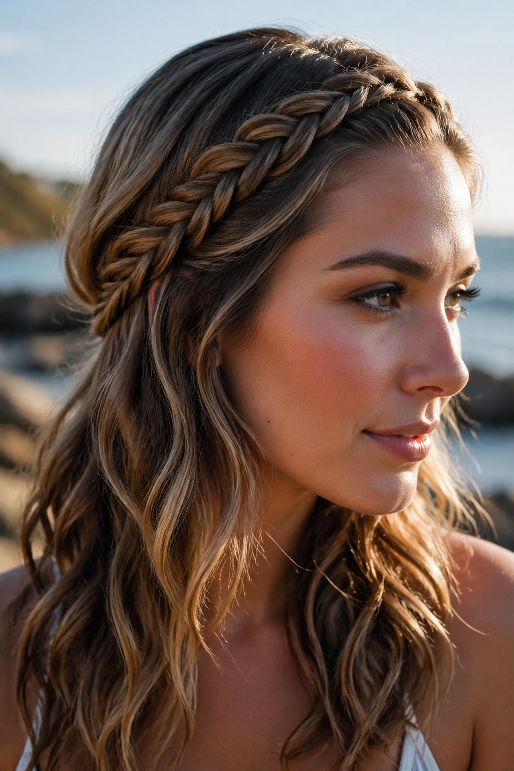 Portrait of a real woman wearing a rope braid headband with loose waves outdoors